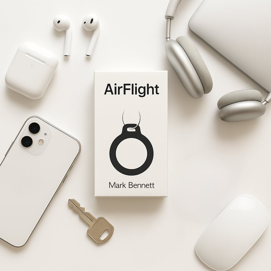 Product packaging for 'AirFlight' by Mark Bennett with a phone, keys, and earbuds on a white background.